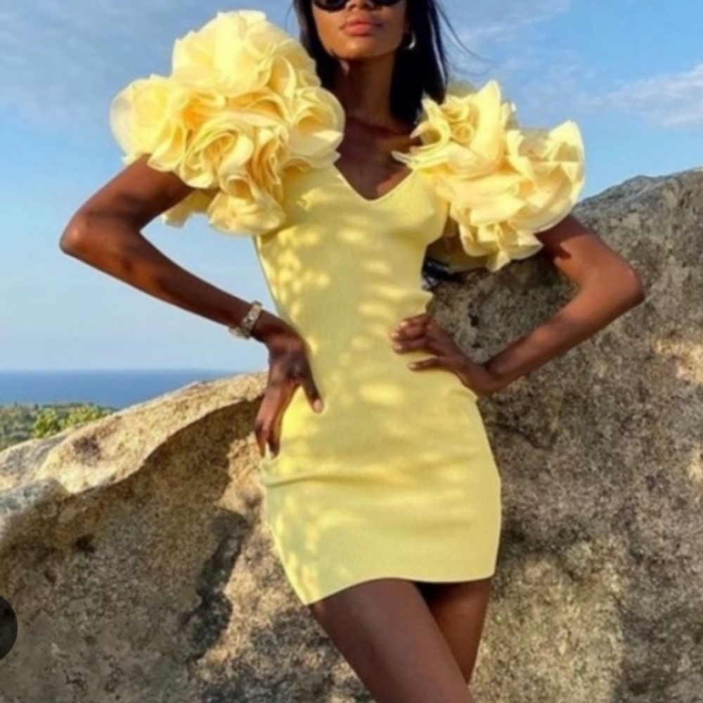ZARA statement puff layers ruffle sleeve yellow dress sz small